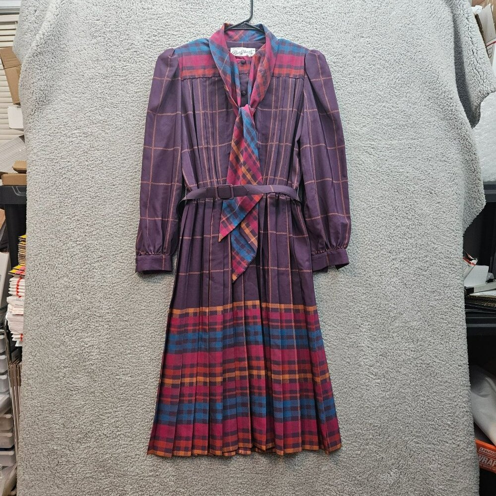 Alper Schwartz Plaid Dress Scarf Tie Long Sleeve Pleated Skirt Size 10/12